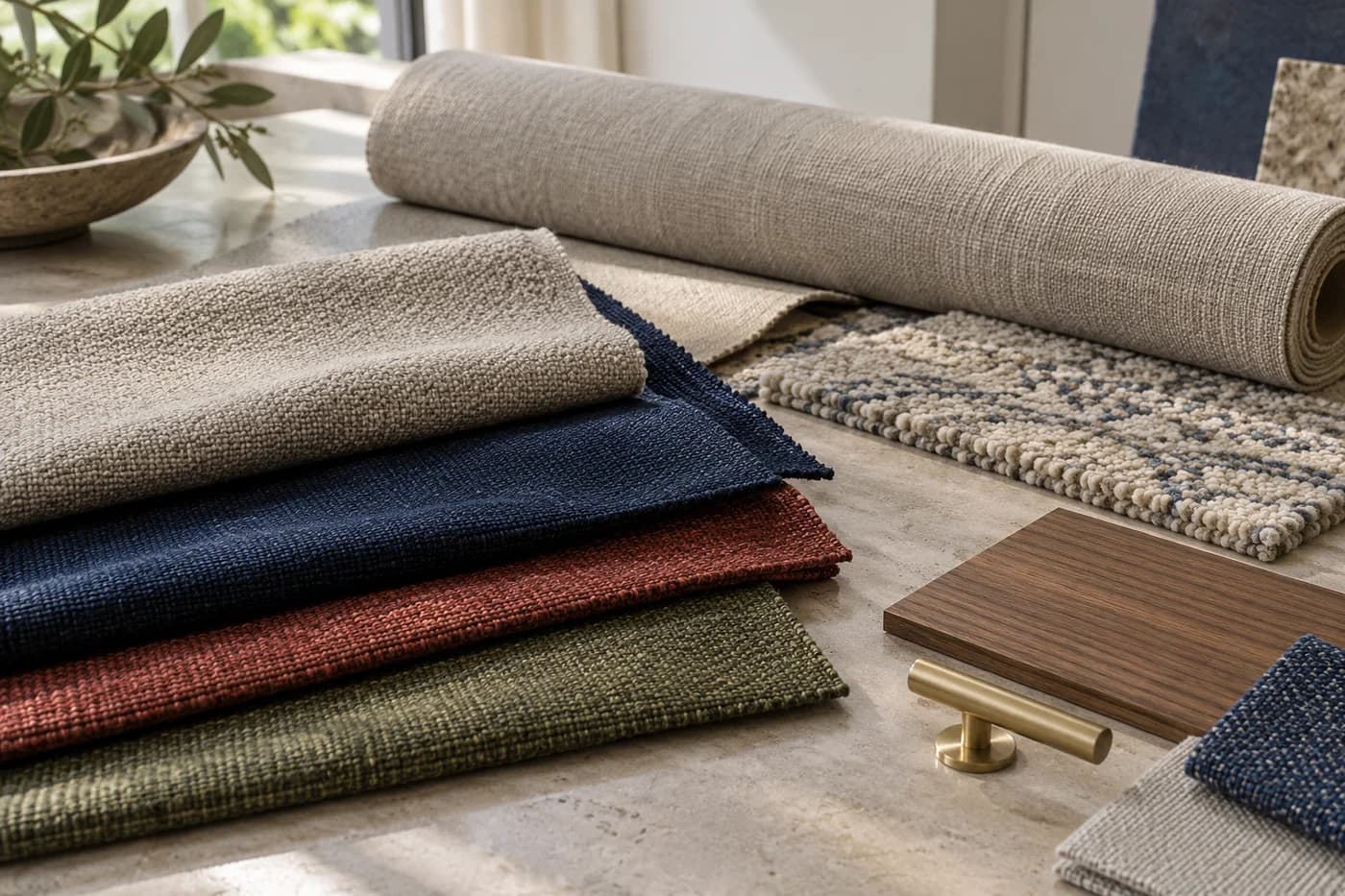 Illustrative arrangement of woven furnishing fabrics, carpet and interior material samples