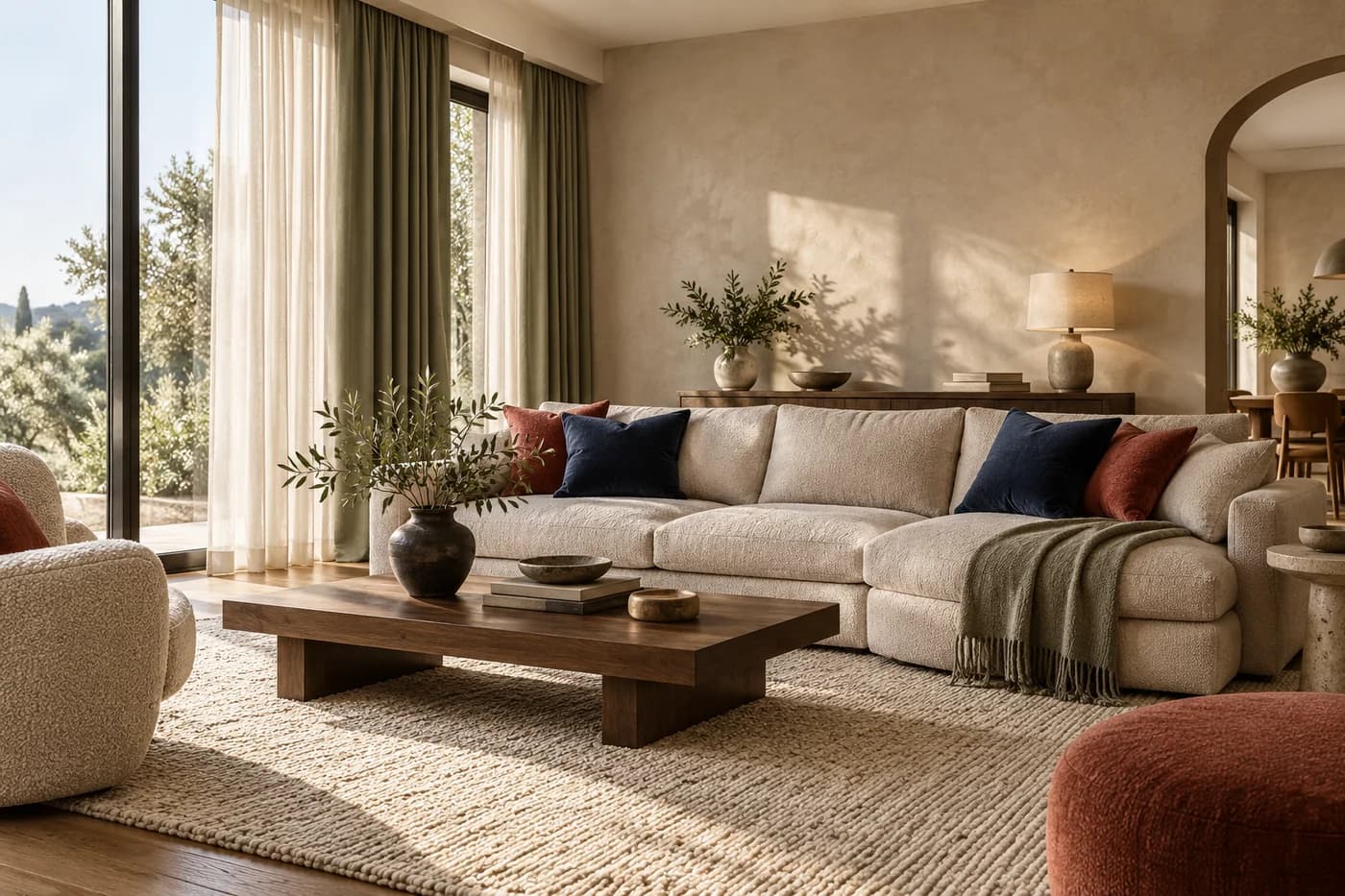Illustrative interior with upholstered seating, curtains, a rug and textured wall finishes